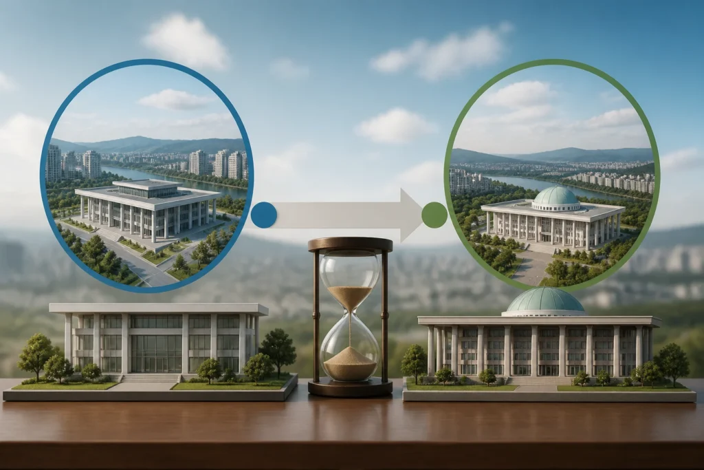 정부 발표 정리: 대통령 세종집무실 2029년 8월 목표, 국회 세종의사당 2033년 목표 관련 이미지