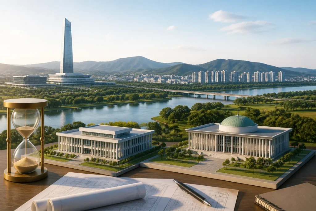정부 발표 정리: 대통령 세종집무실 2029년 8월 목표, 국회 세종의사당 2033년 목표 관련 이미지