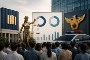 여론조사 확인: 국민 47.5%가 '검찰'을 경찰보다 더 신뢰, 이 대통령 지지율 38.2% — 출처와 해석 관련 AI 이미지
